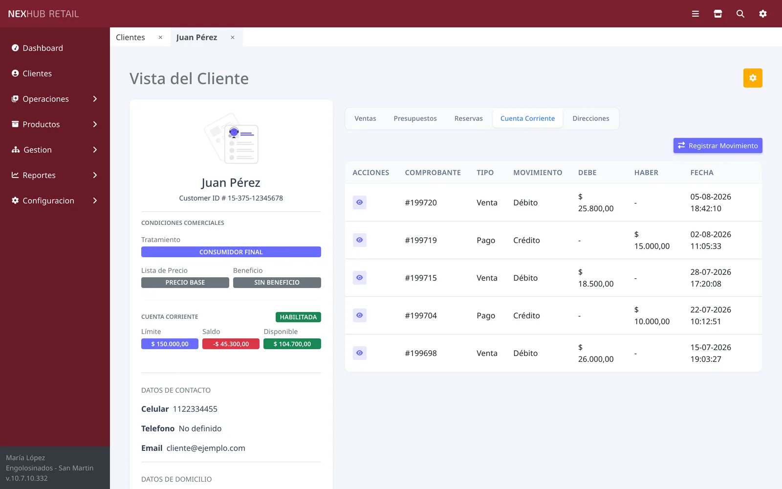 Ficha de cuenta corriente de un cliente en NexHub Retail