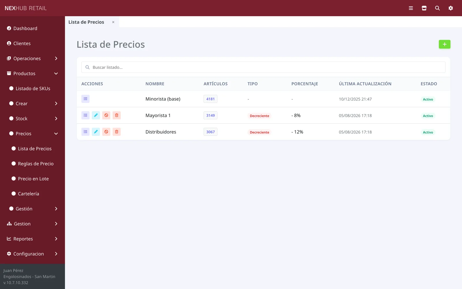 Configuración de listas de precios mayorista y minorista en NexHub Retail