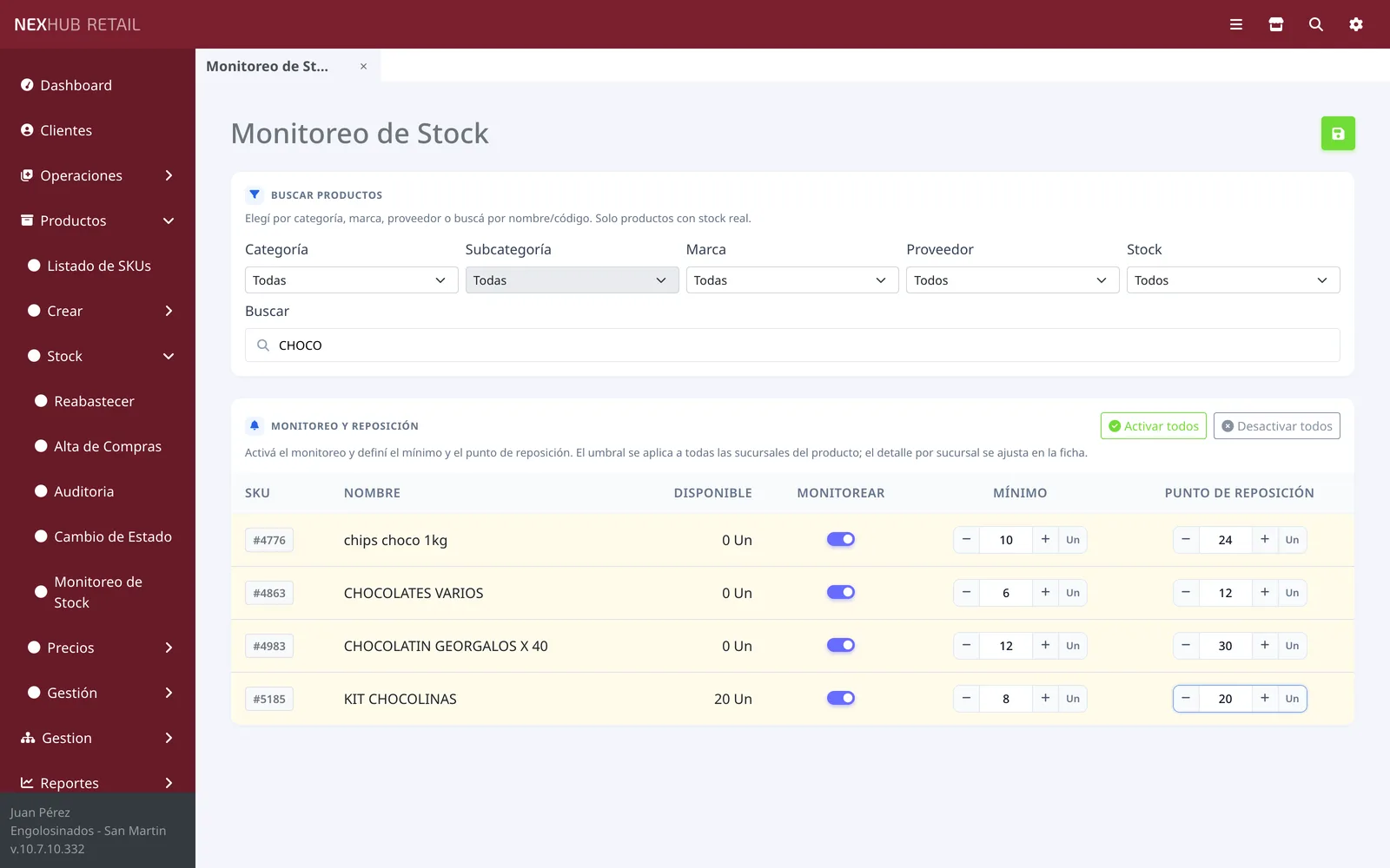 Listado de stock con alertas de mínimo en NexHub Retail